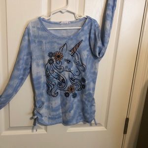 Blue with goldunicorn shirt.